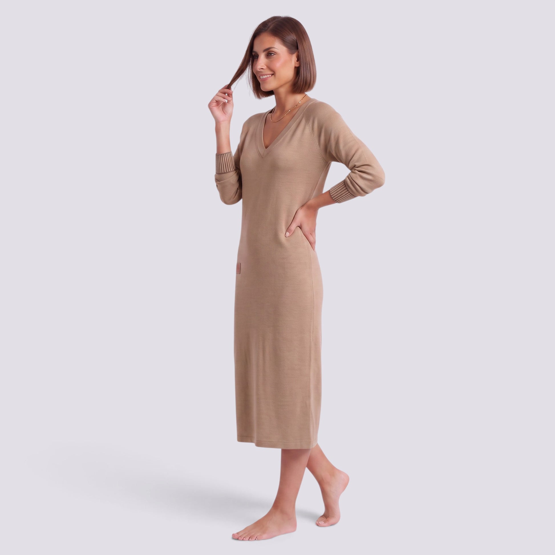 Vestido Midi Mujer Elegante Escote V Entallado