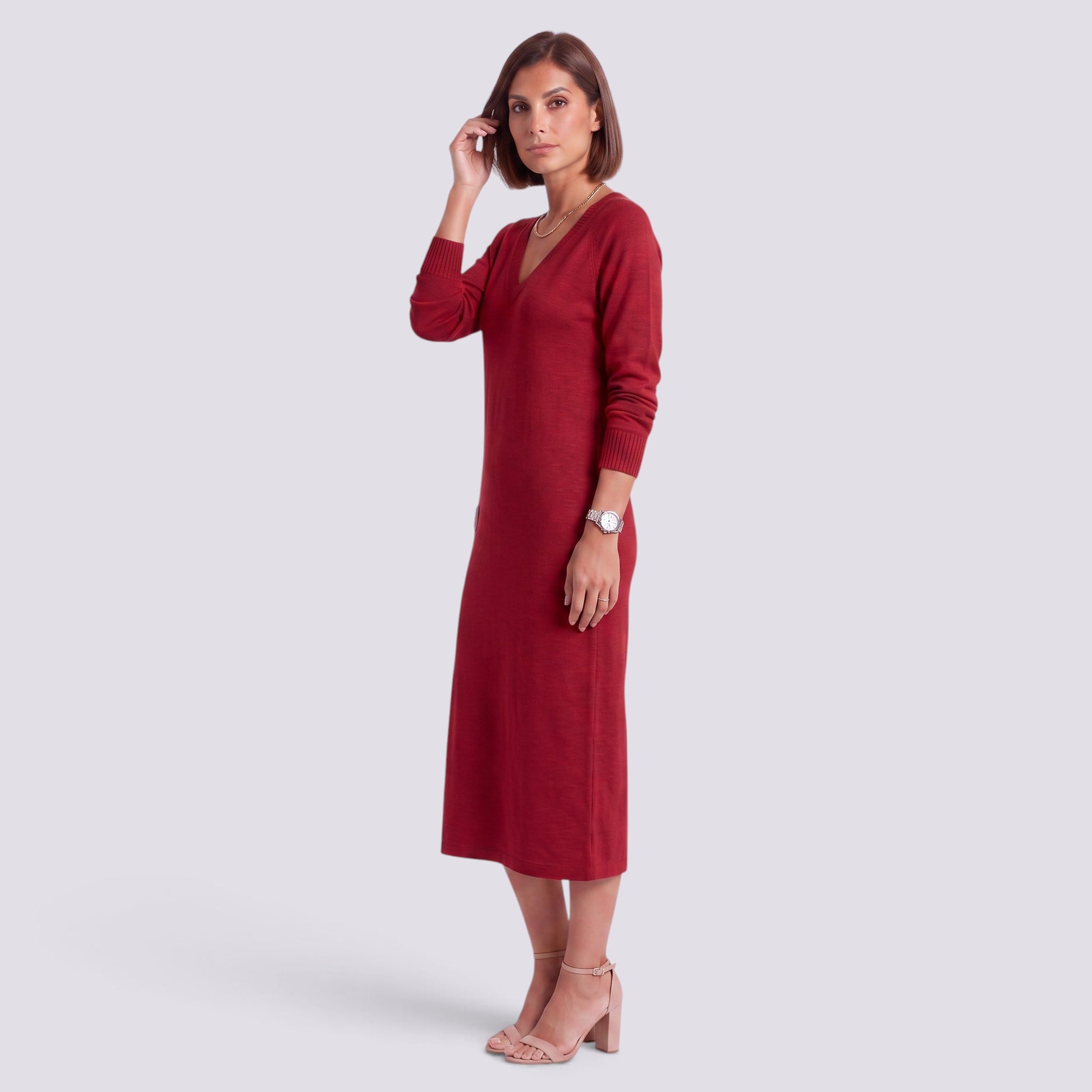 Vestido Midi Mujer Elegante Escote V Entallado