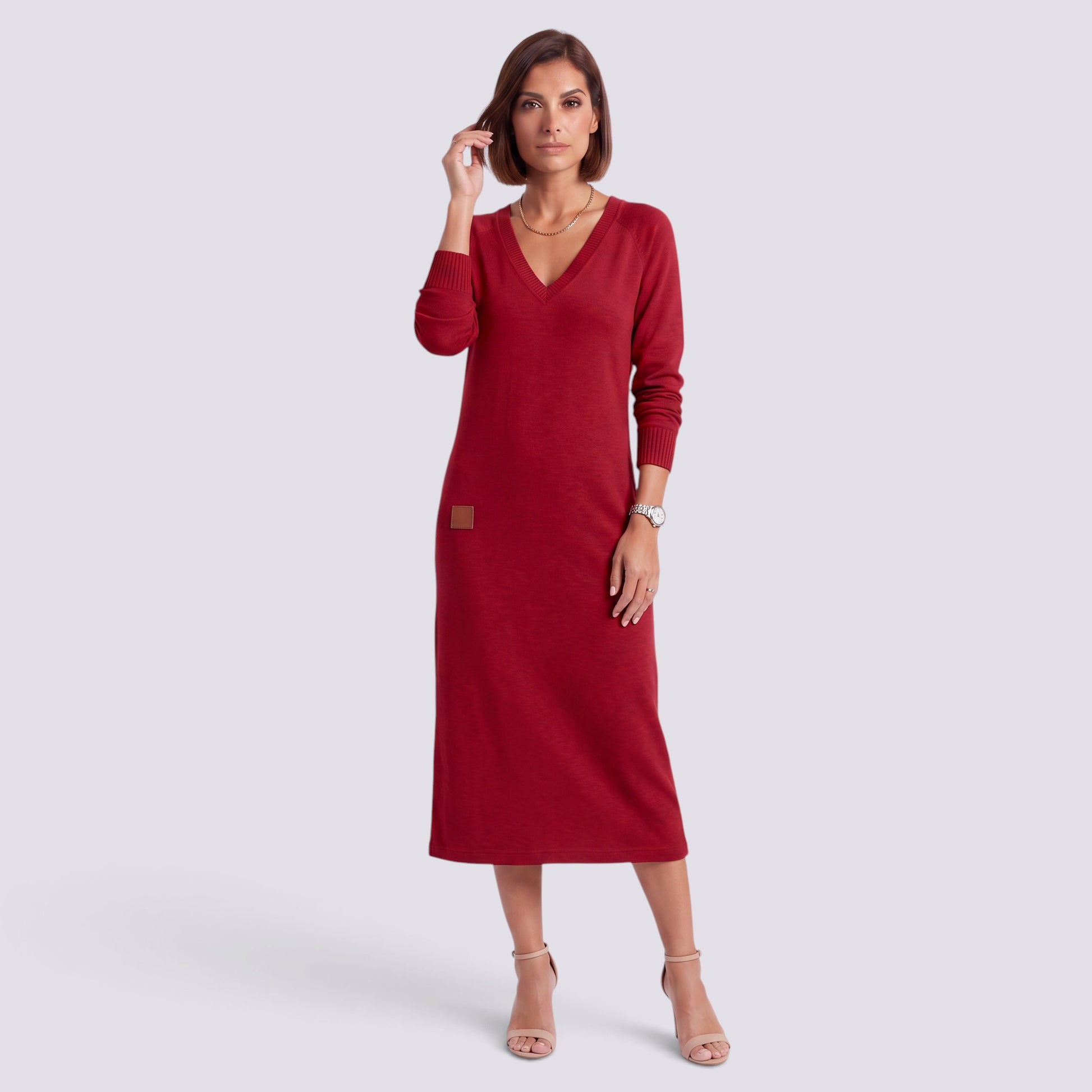 Vestido Midi Mujer Elegante Escote V Entallado