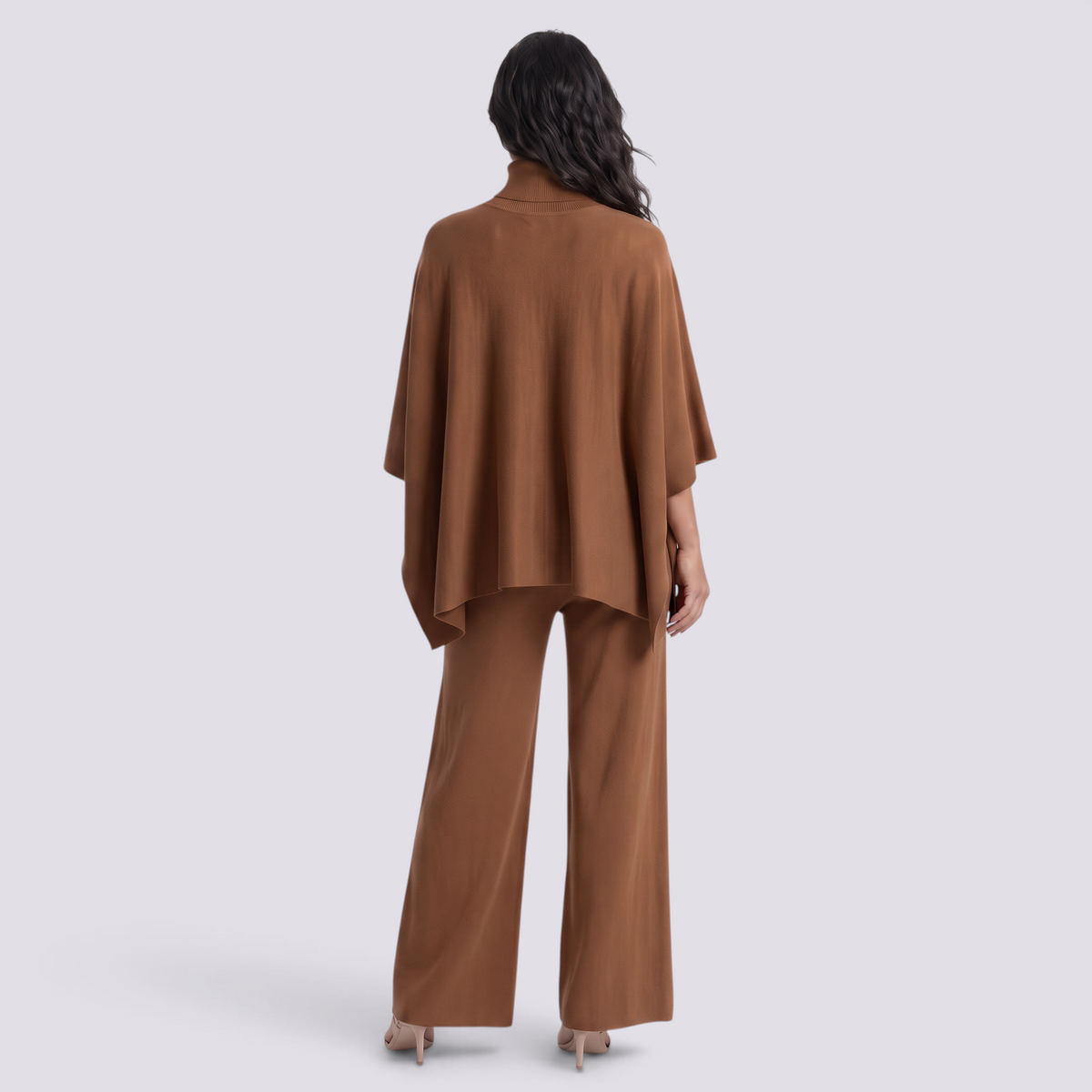 Conjunto Poncho Punto Mujer Pantalón Ancho - Marrón - vista trasera