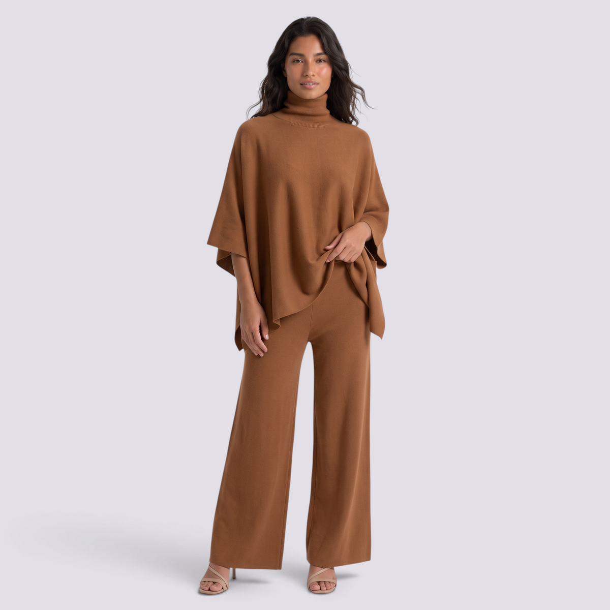 Conjunto Poncho Punto Mujer Pantalón Ancho - Marrón - vista frontal