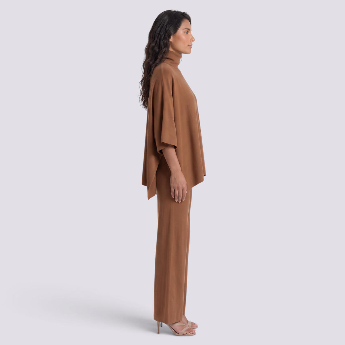 Conjunto Poncho Punto Mujer Pantalón Ancho - Marrón - vista lateral