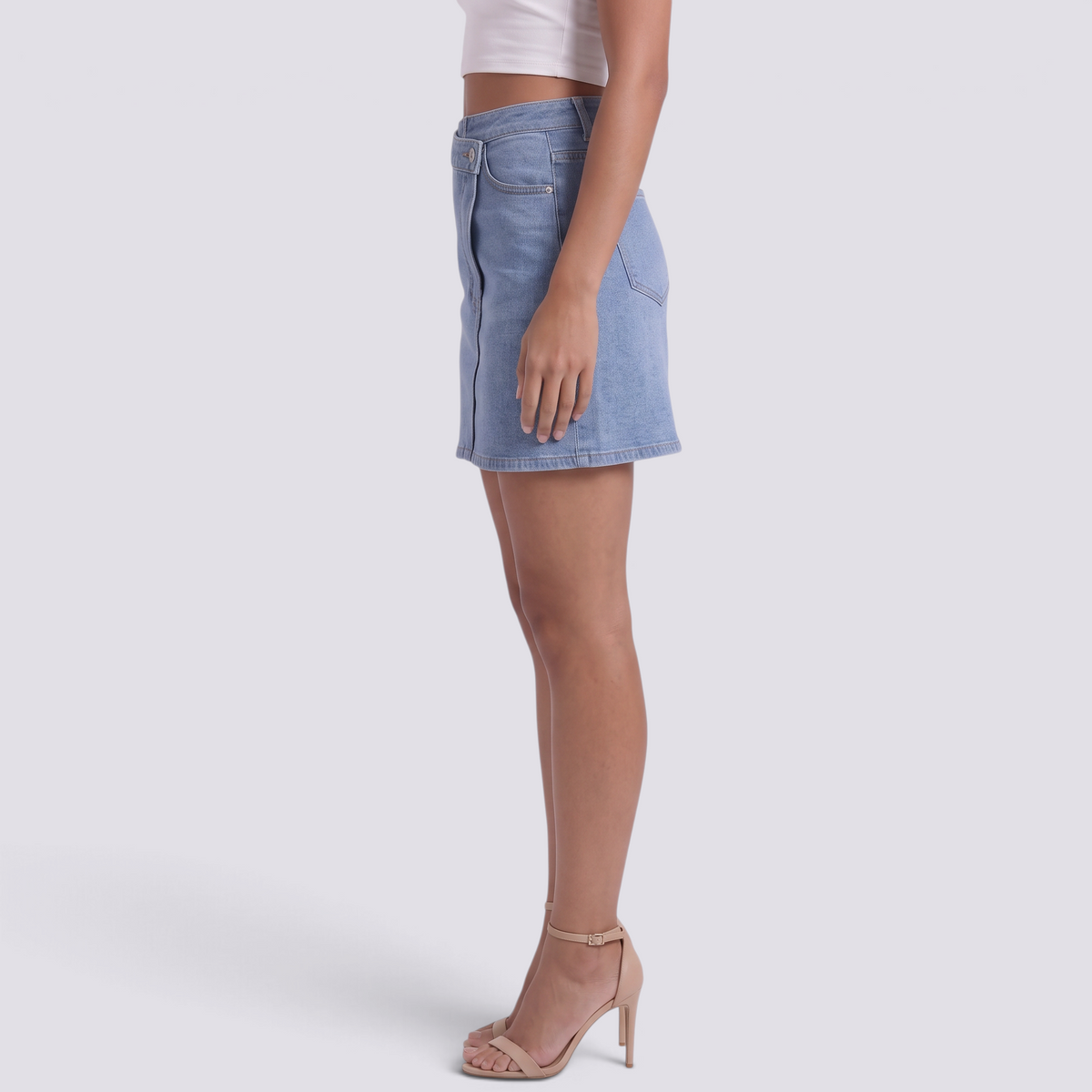 Minifalda vaquera de mujer con cintura asimétrica en azul, vista lateral
