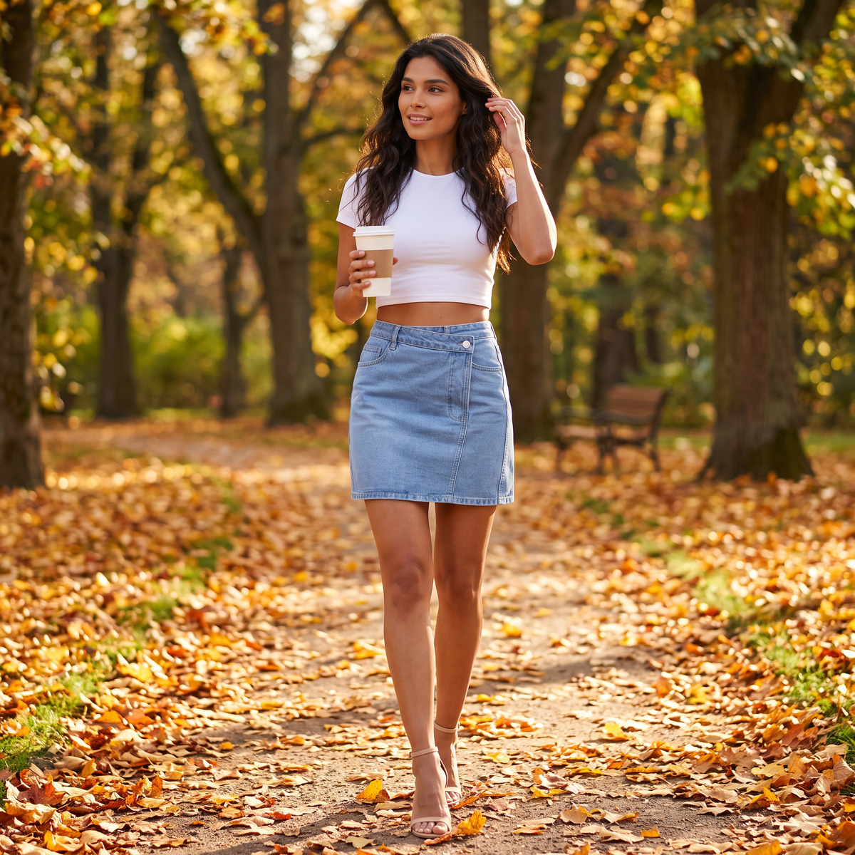 Mujer paseando por un parque en otoño con minifalda vaquera de cintura asimétrica en azul y top blanco
