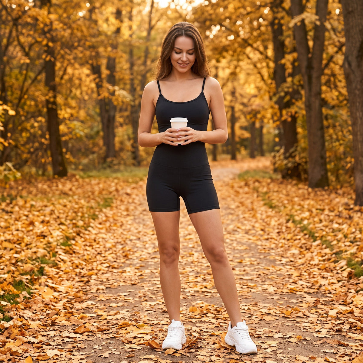 Mujer con mono corto deportivo negro de tirantes finos paseando por un parque en otoño con un vaso para llevar