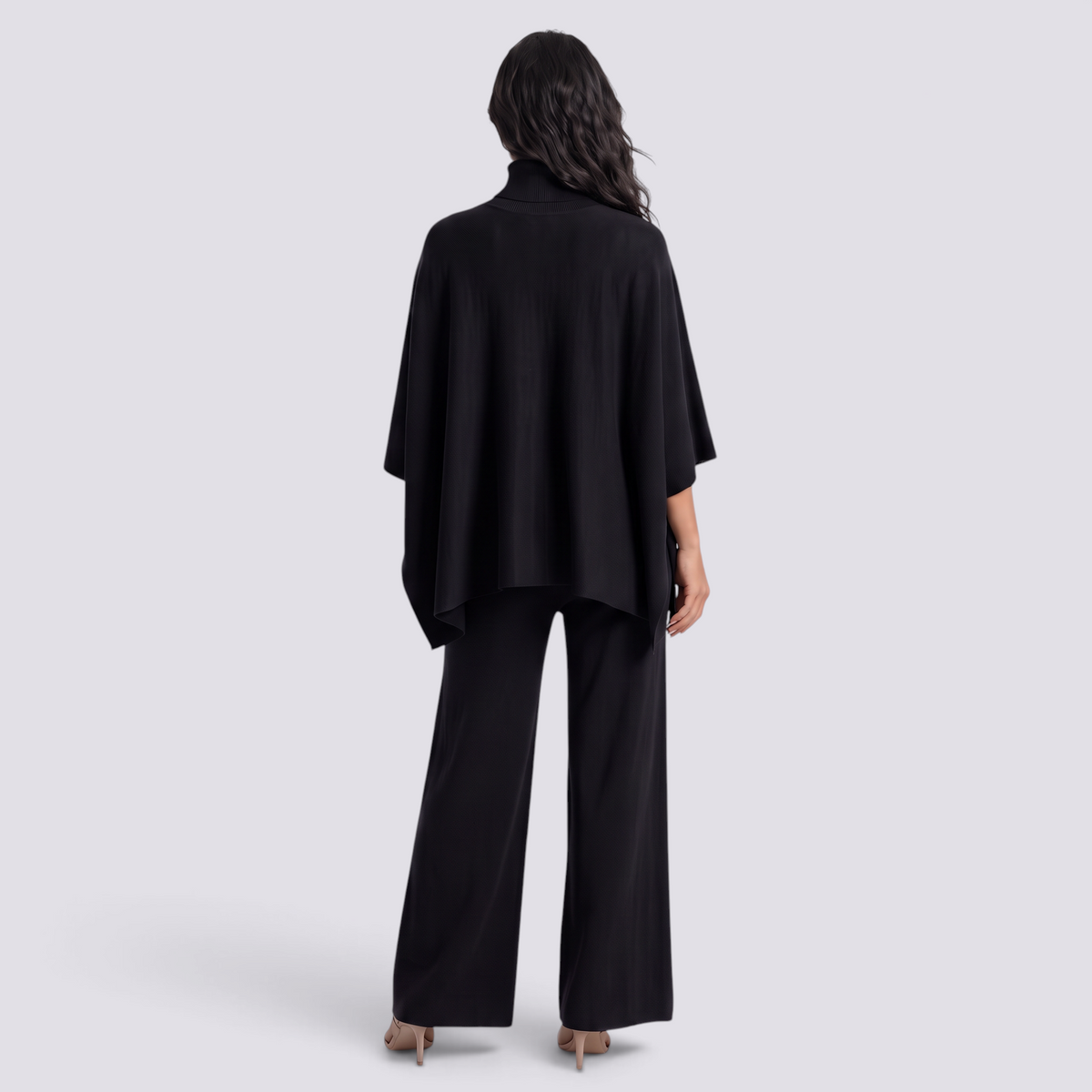 Conjunto Poncho Punto Mujer Pantalón Ancho - Negro - vista trasera