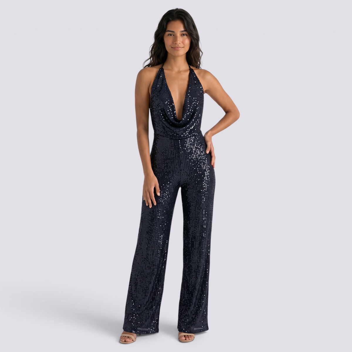 Mono Fiesta Lentejuelas Mujer Escote Halter - Negro, vista frontal