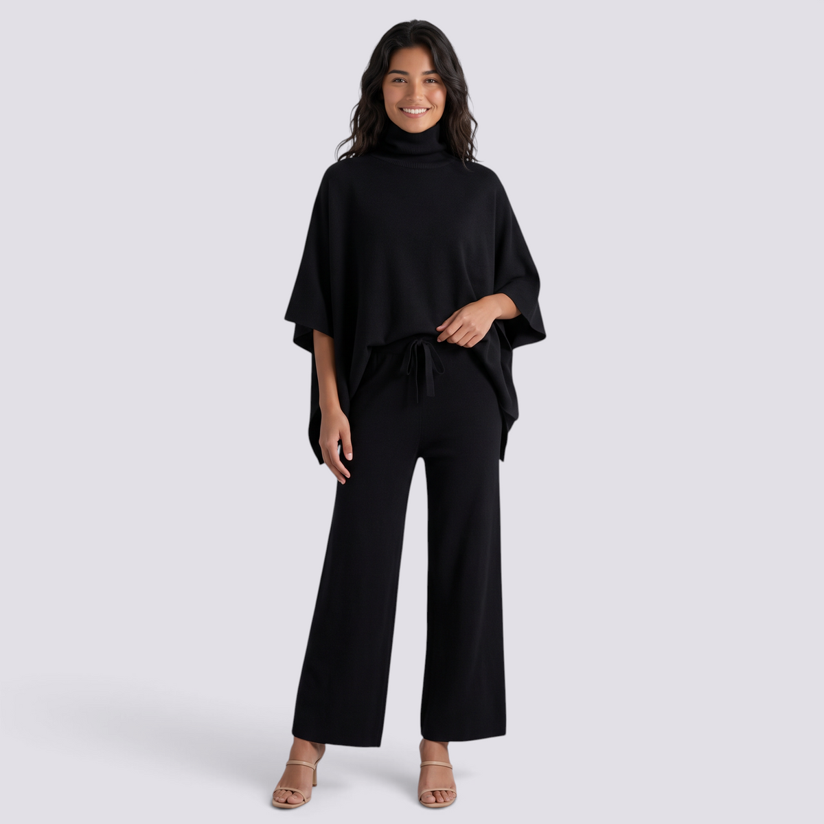 Conjunto Poncho Punto Mujer Pantalón Ancho - Negro - vista frontal