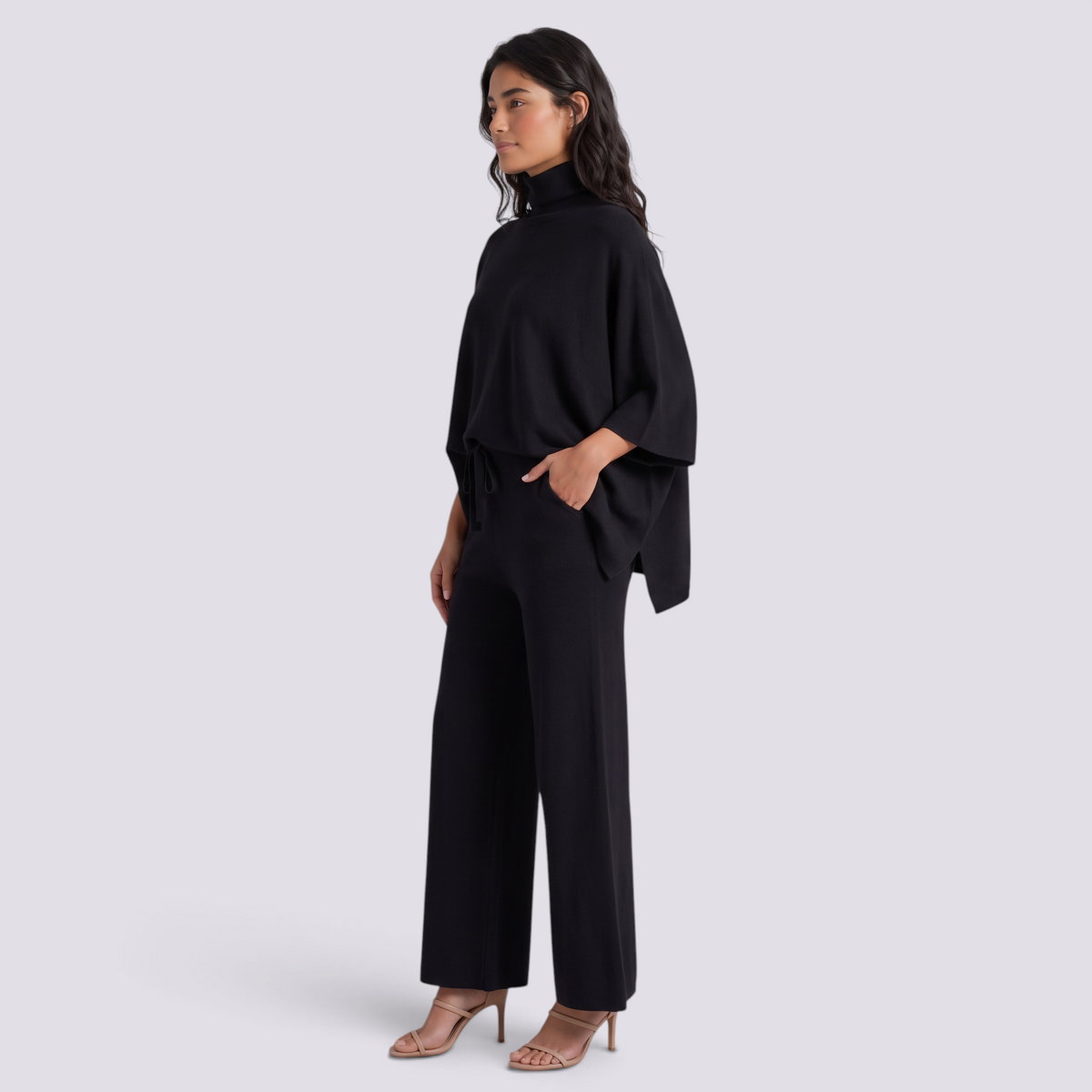 Conjunto Poncho Punto Mujer Pantalón Ancho - Negro - vista lateral