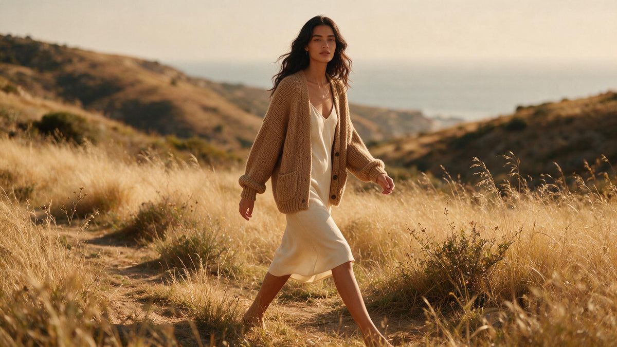 Mujer con cárdigan camel en paisaje mediterráneo de otoño