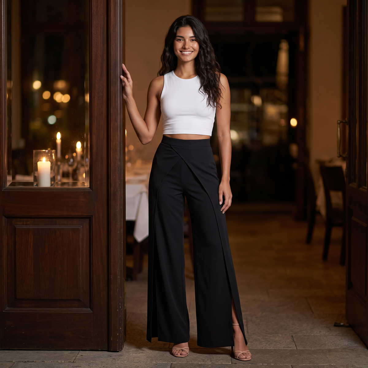 Mujer con pantalón ancho negro de tiro alto y aberturas laterales en la entrada de un restaurante de noche