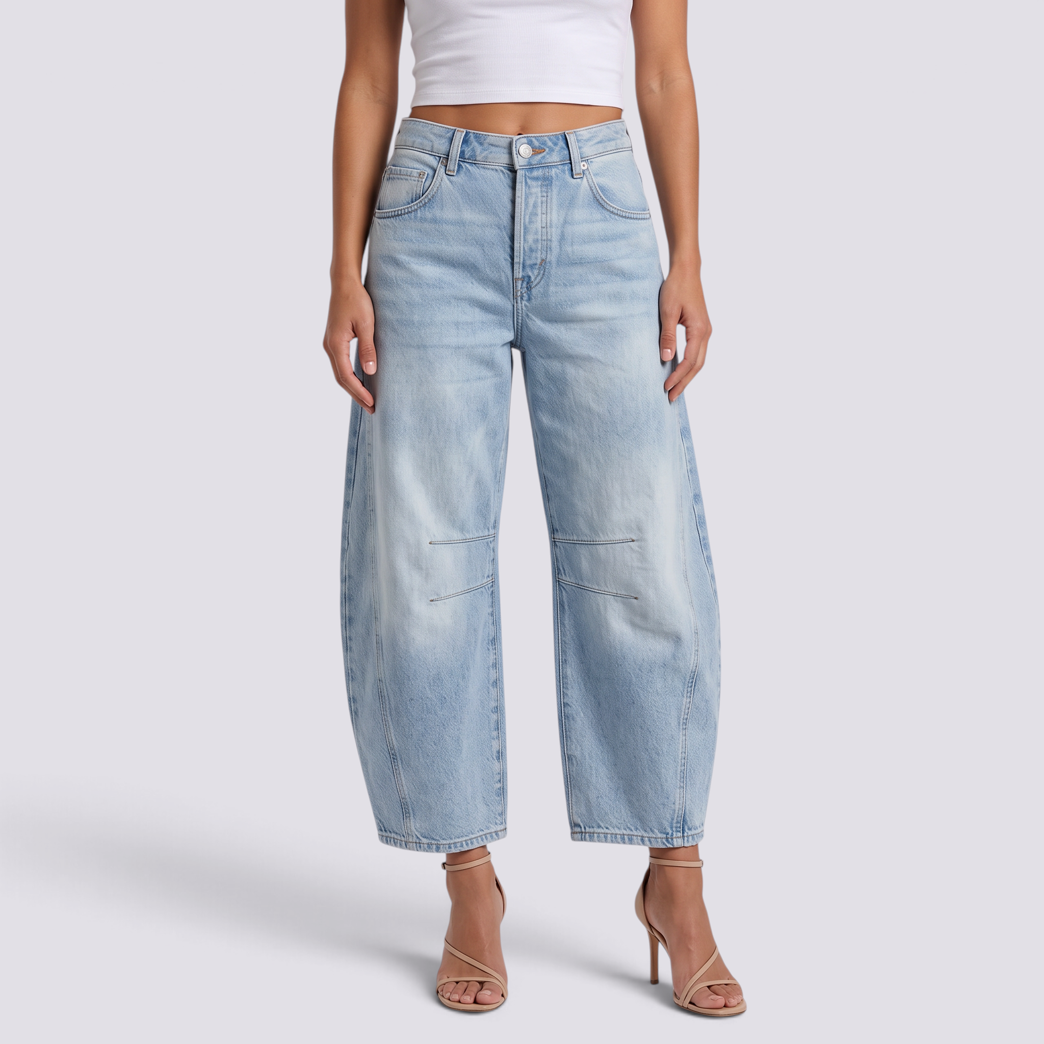 Pantalón balloon de mujer efecto vaquero en azul claro, vista frontal