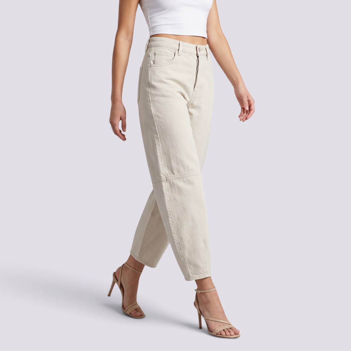 Pantalón balloon de mujer efecto vaquero en blanco, vista frontal