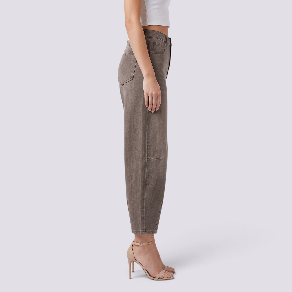 Pantalón balloon de mujer efecto vaquero en marrón oscuro, vista lateral