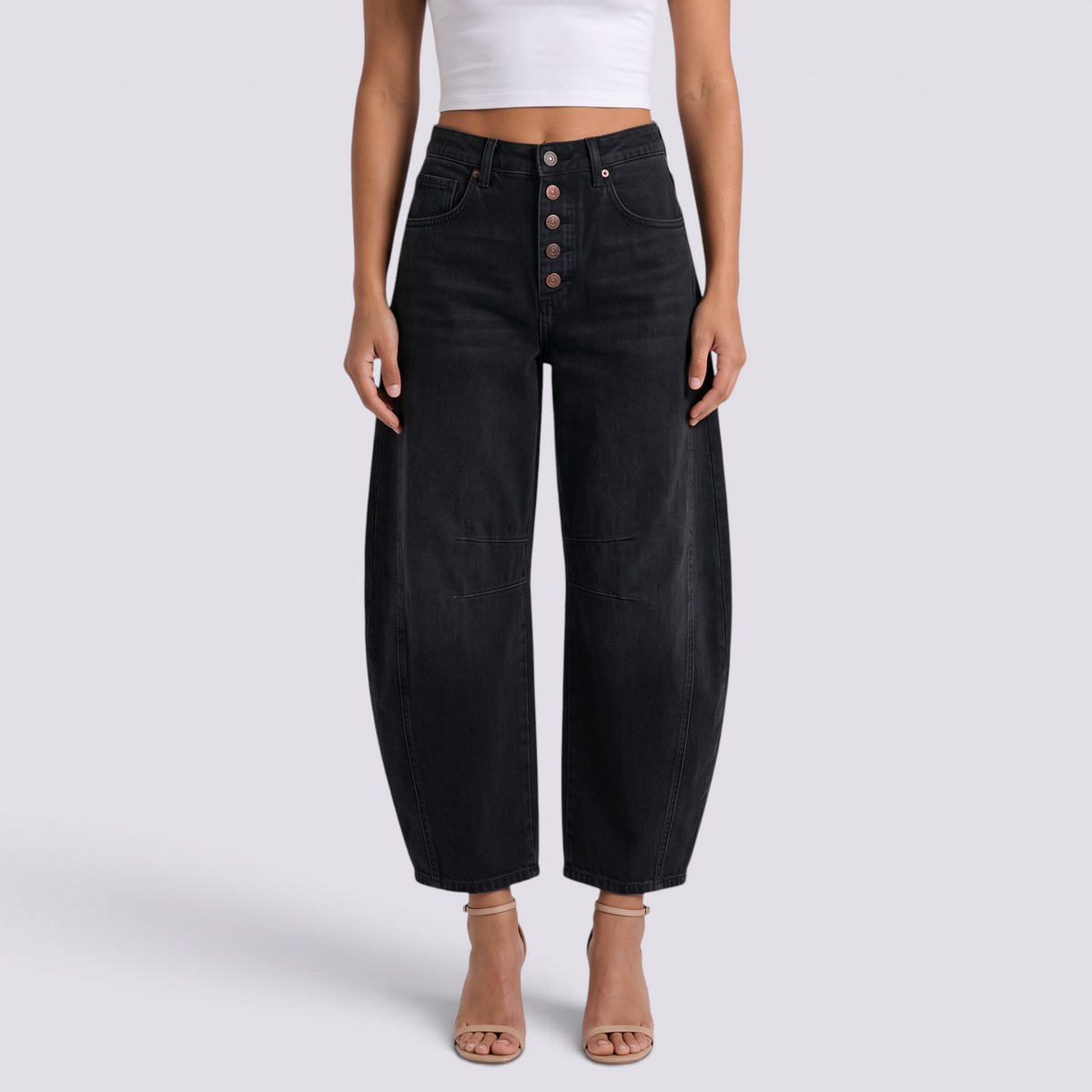 Pantalón balloon de mujer efecto vaquero en negro, vista frontal