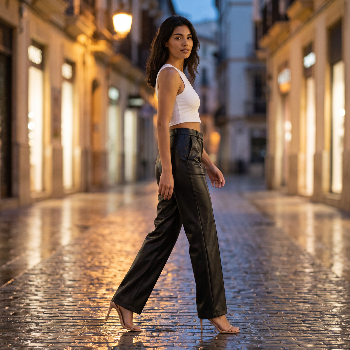Mujer con pantalón efecto piel negro de pierna ancha paseando por una calle empedrada de noche