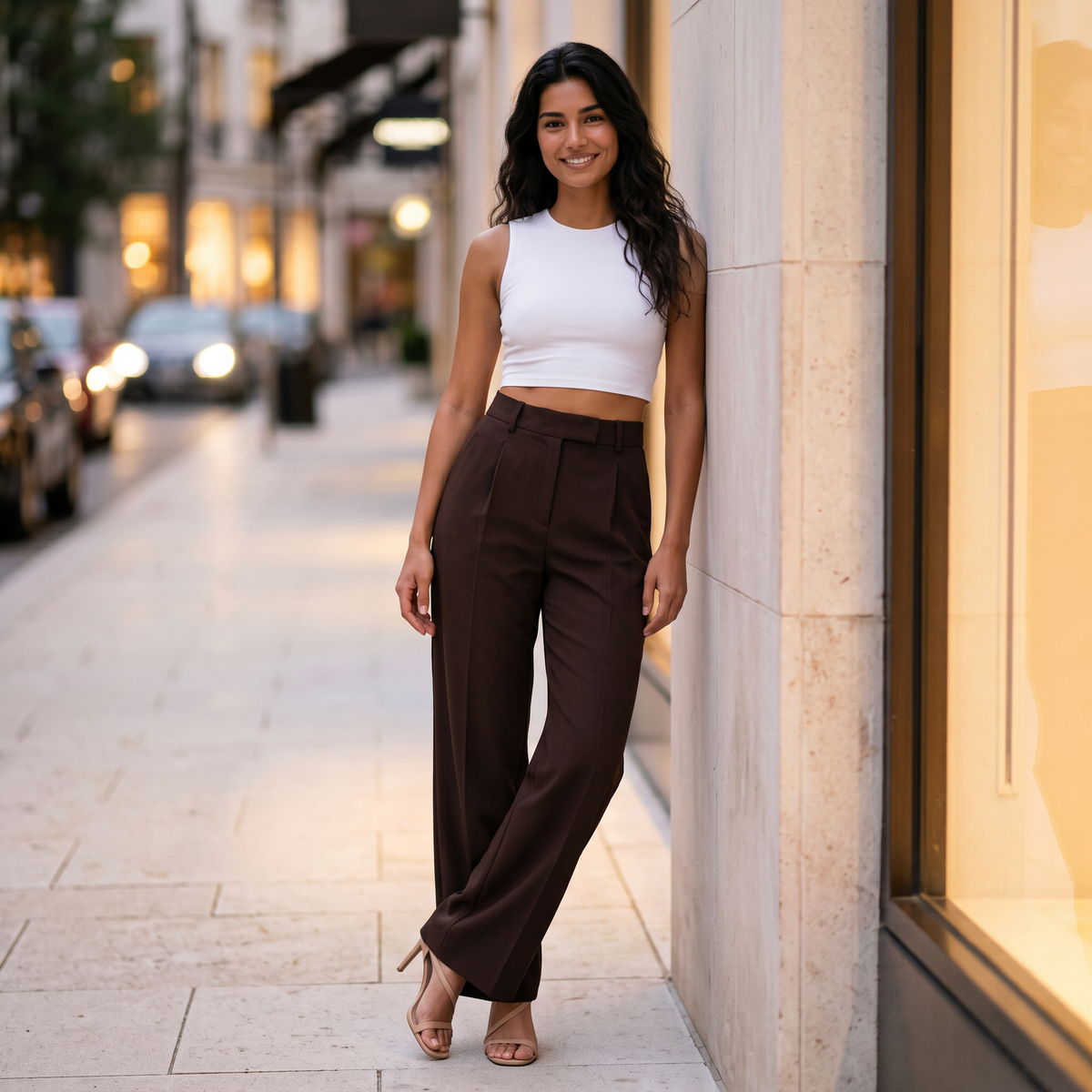 Pantalón de sastre de mujer de tiro alto con pinzas, look de atardecer en una calle de tiendas