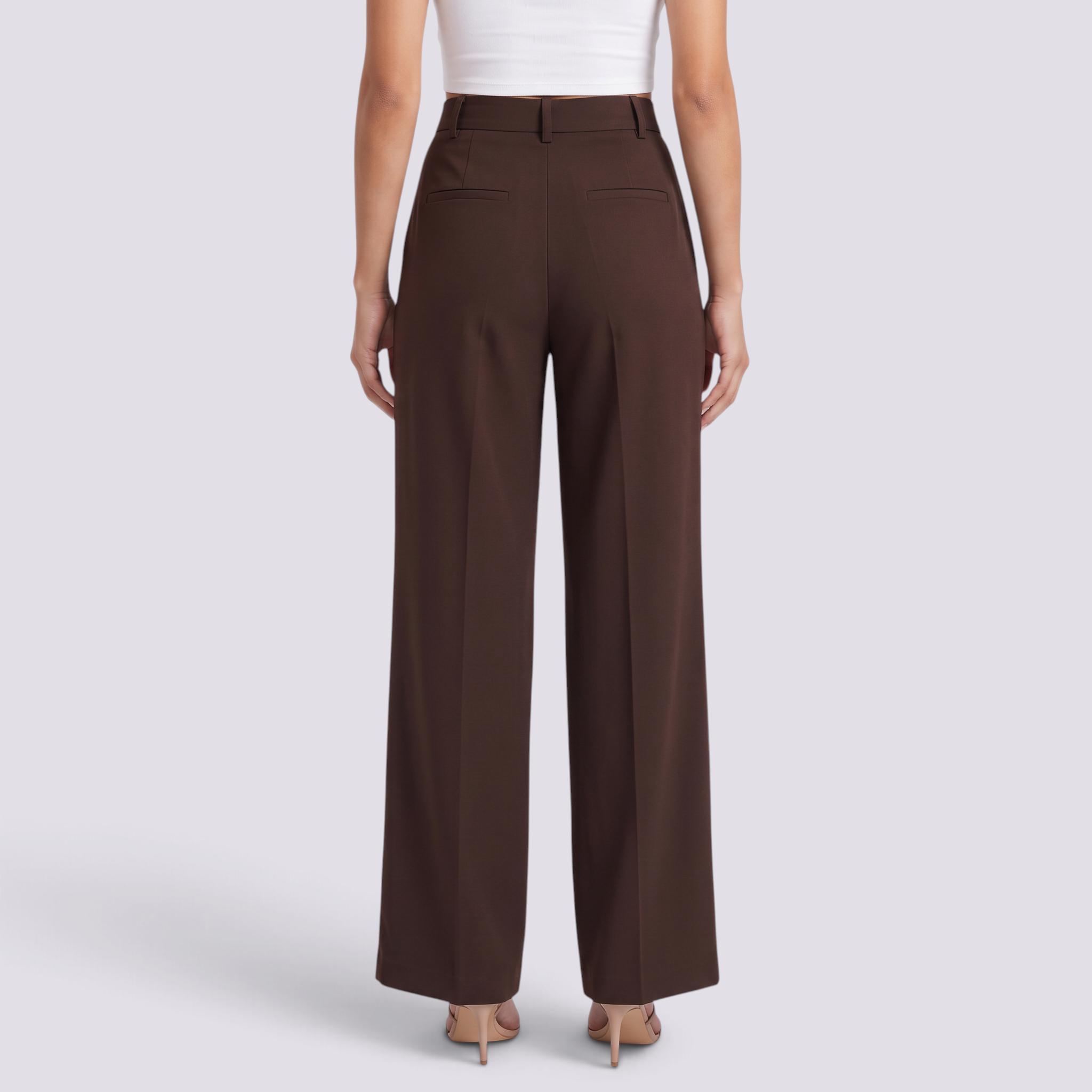 Pantalón de sastre de mujer de tiro alto con pinzas en marrón oscuro, vista trasera