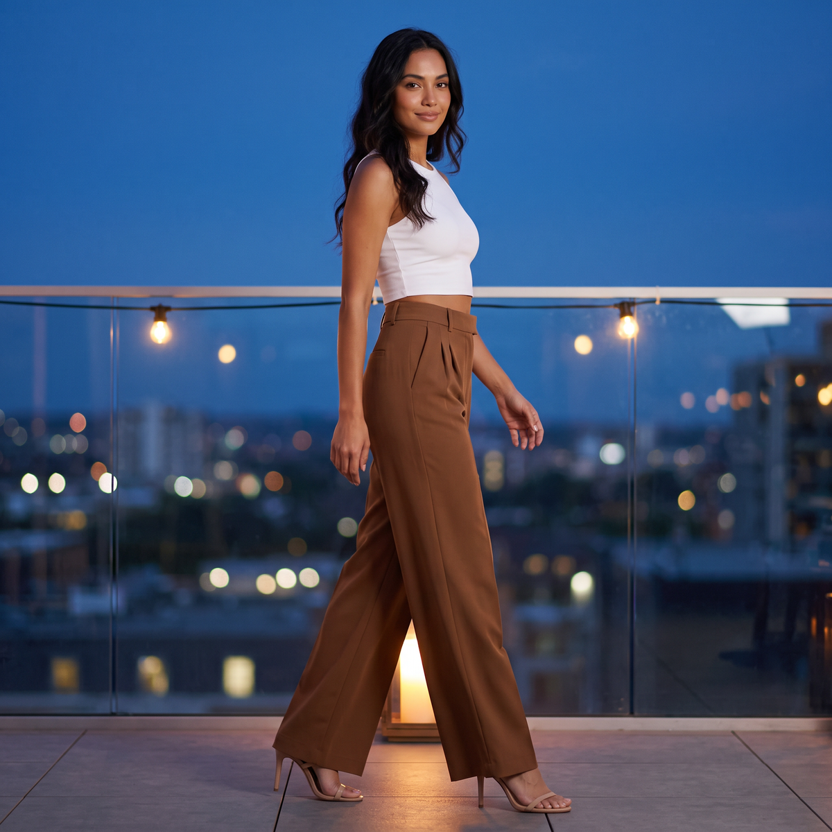 Pantalón de vestir de mujer de tiro alto y pernera ancha, look de noche en una terraza