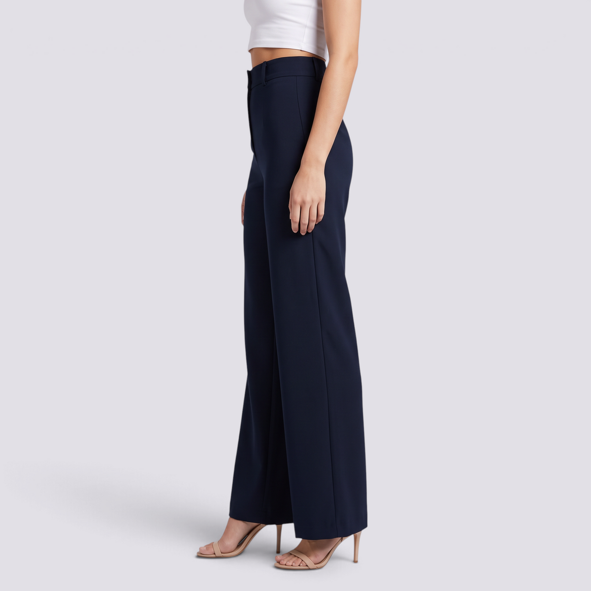 Pantalón de vestir de mujer de tiro alto y pernera ancha en azul marino, vista lateral