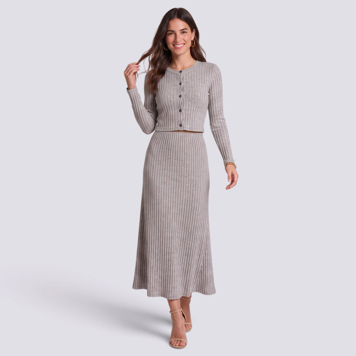 Conjunto Punto Mujer Cárdigan Falda Midi