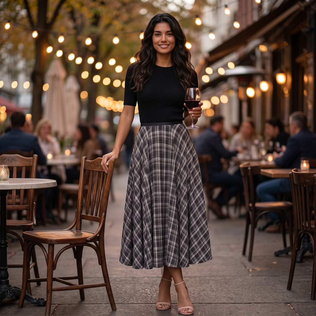 Falda Midi Mujer Cuadros Cintura Alta