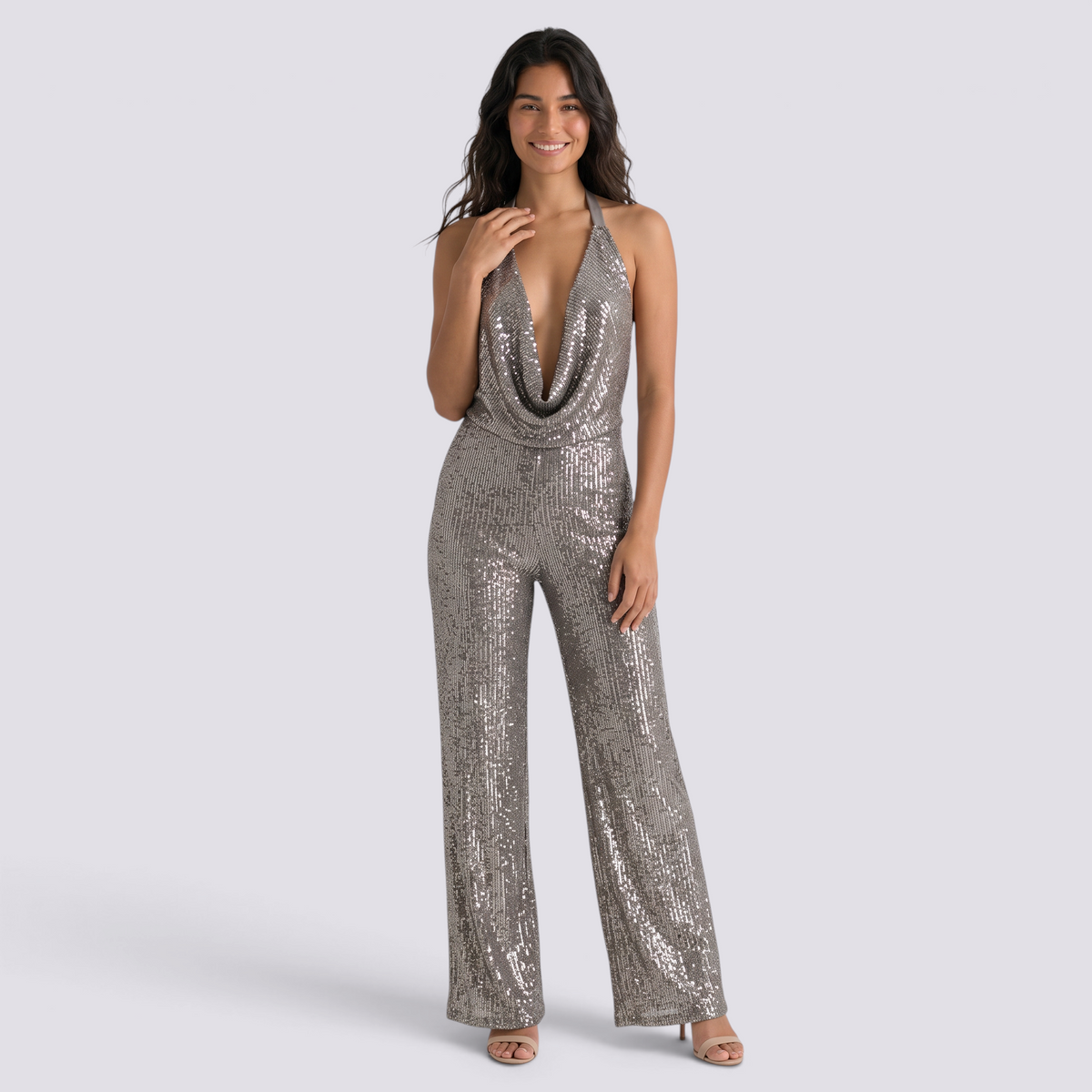 Mono Fiesta Lentejuelas Mujer Escote Halter - Plateado, vista frontal