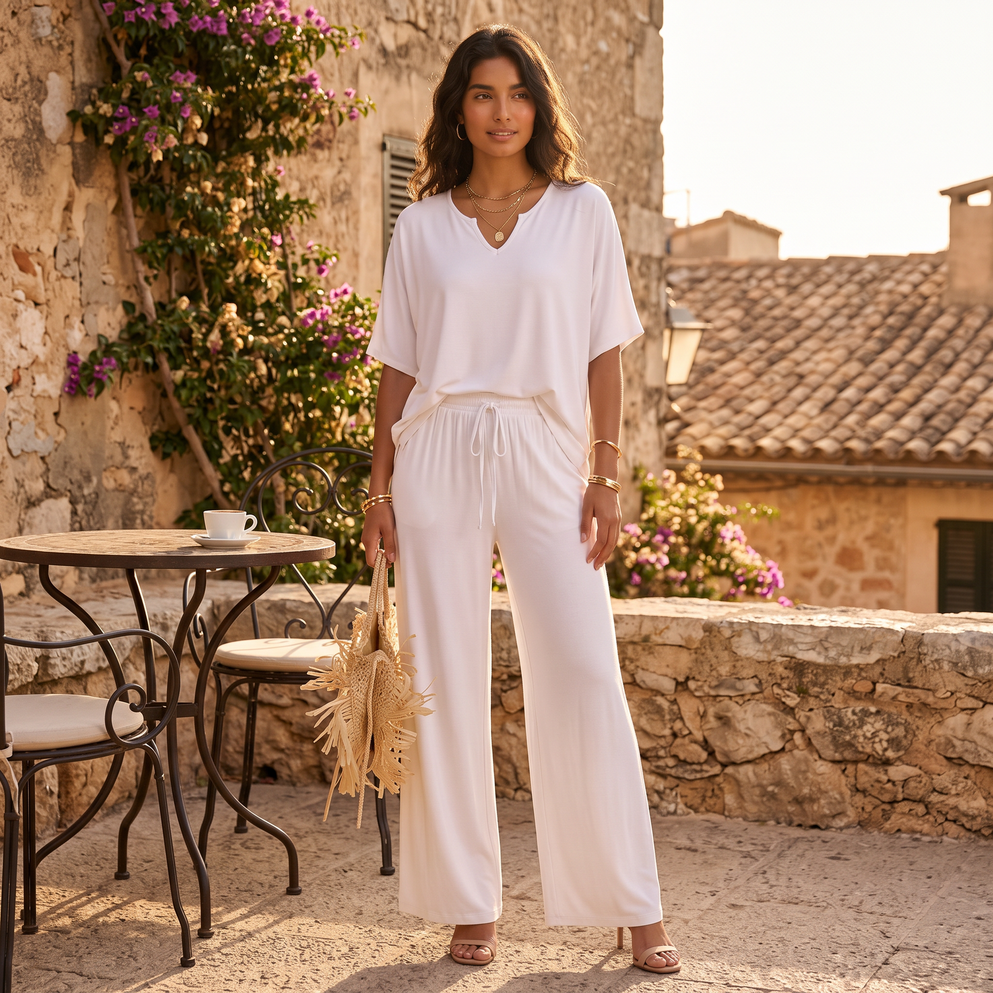 Conjunto Mujer con Pantalón Ancho Cuello Pico - lifestyle