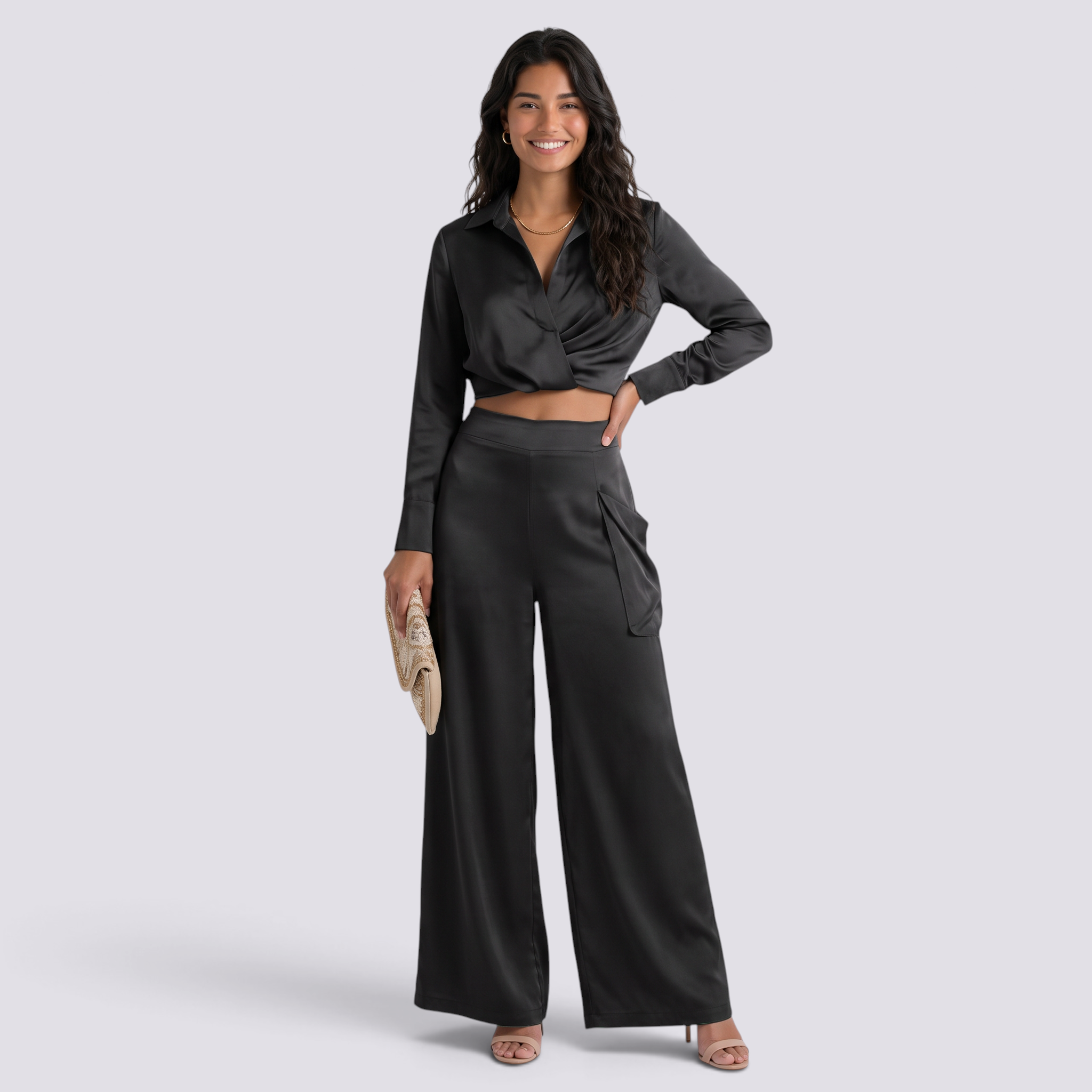 Conjunto Cruzado Mujer Pantalón Palazzo - Black Front