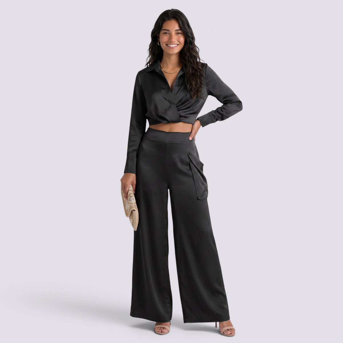 Conjunto Cruzado Mujer Pantalón Palazzo - Black Front