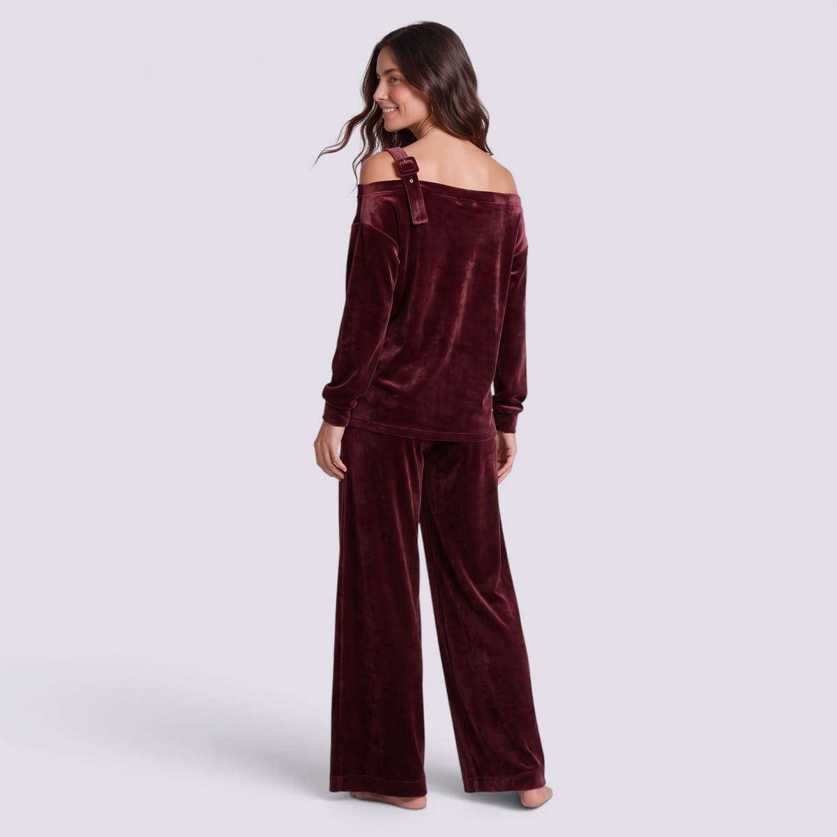 Conjunto Mujer Hombro Asimétrico y Pantalón Ancho - Burdeos - trasera