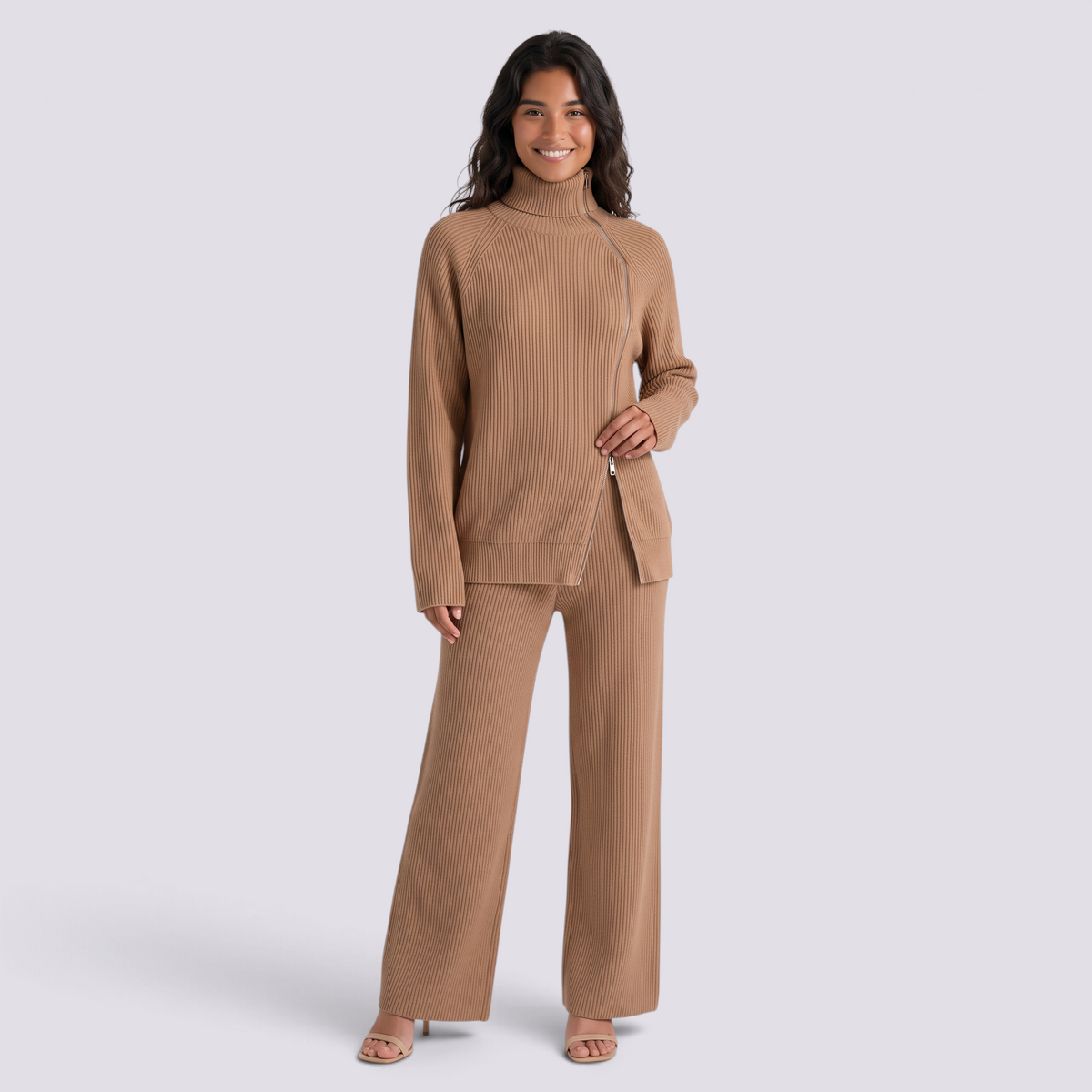 Conjunto de jersey de cuello alto con cremallera y pantalón ancho de punto camel, vista frontal