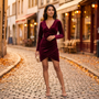 Essyro wine red velvet wrap cocktail dress lifestyle photo, autumn cobblestone street golden hour