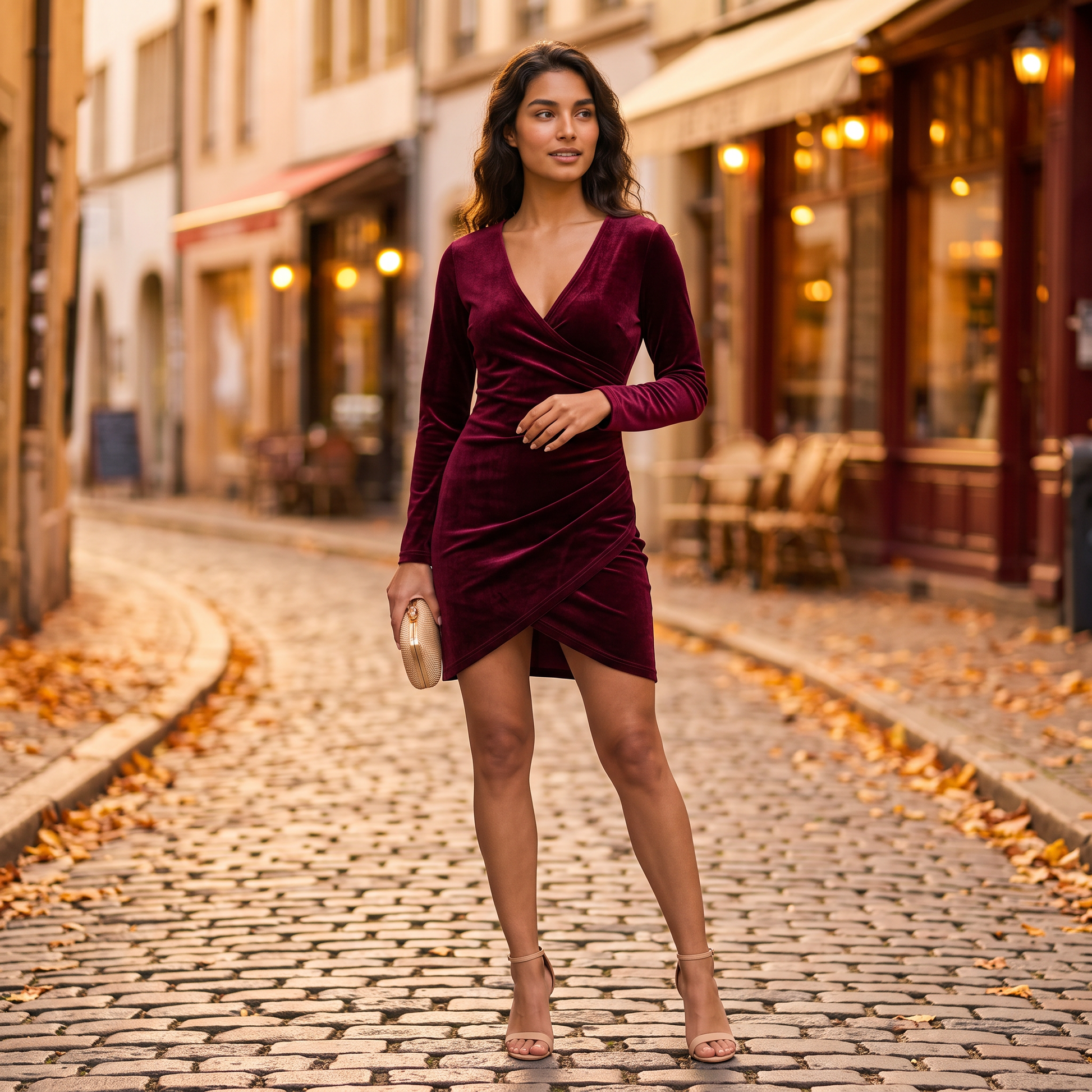 Essyro wine red velvet wrap cocktail dress lifestyle photo, autumn cobblestone street golden hour