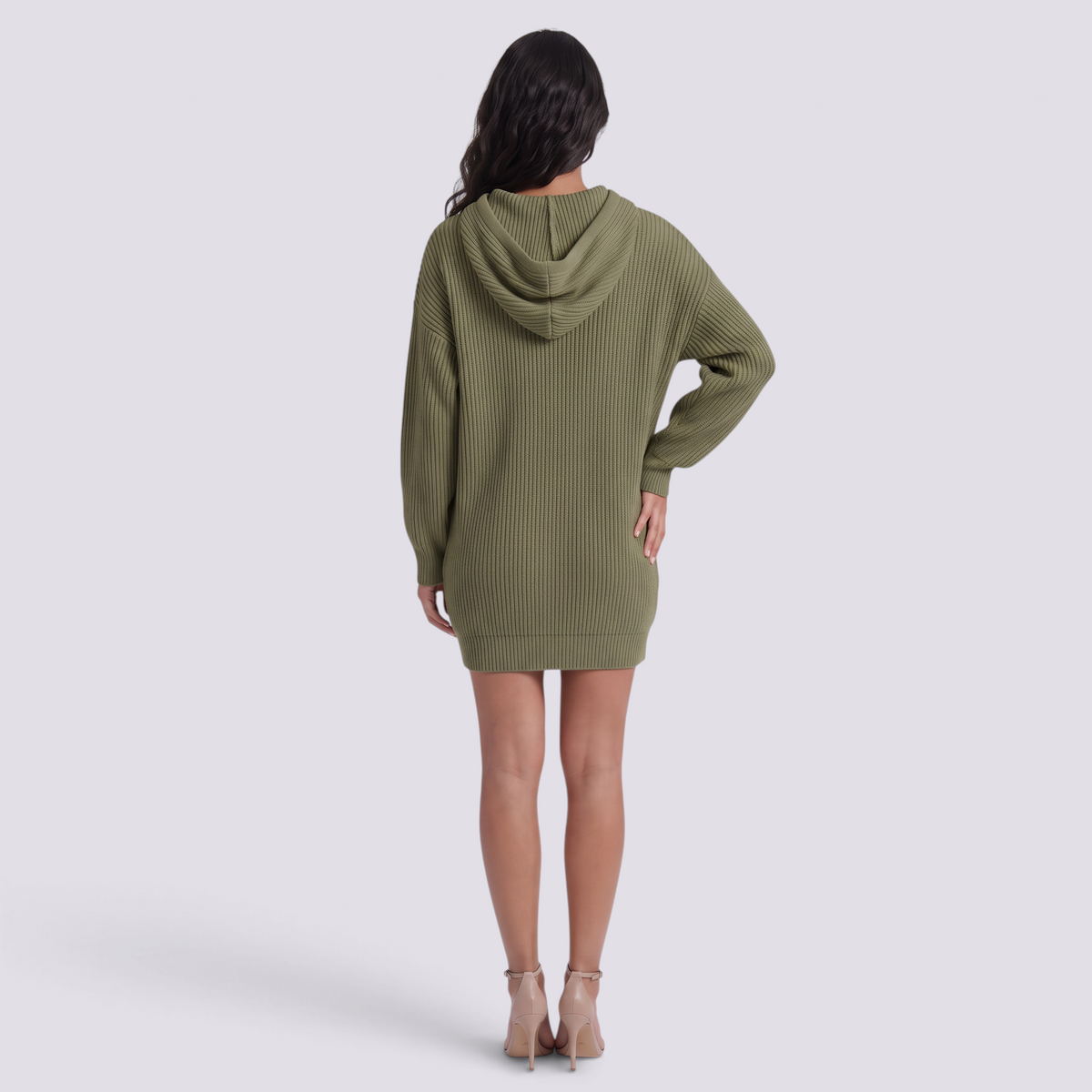 Vestido Punto Capucha Oversize Mujer Manga Larga - Oliva - Espalda