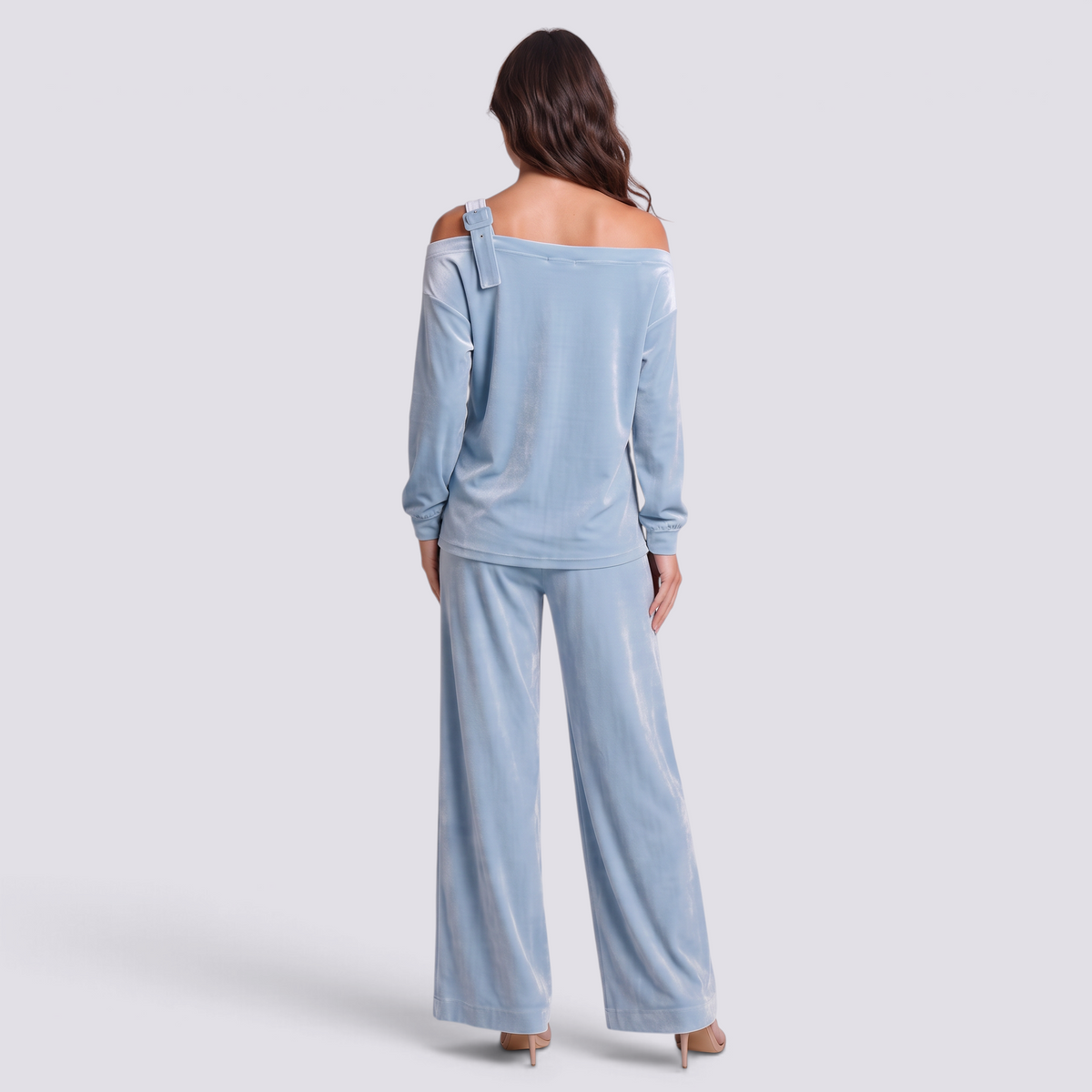 Conjunto Mujer Hombro Asimétrico y Pantalón Ancho - Azul Claro - trasera