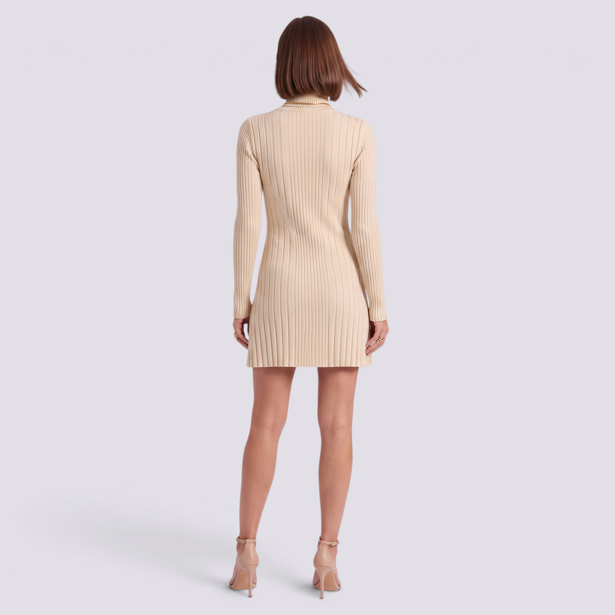 Vestido mini de punto canalé color albaricoque con cuello alto, vista trasera