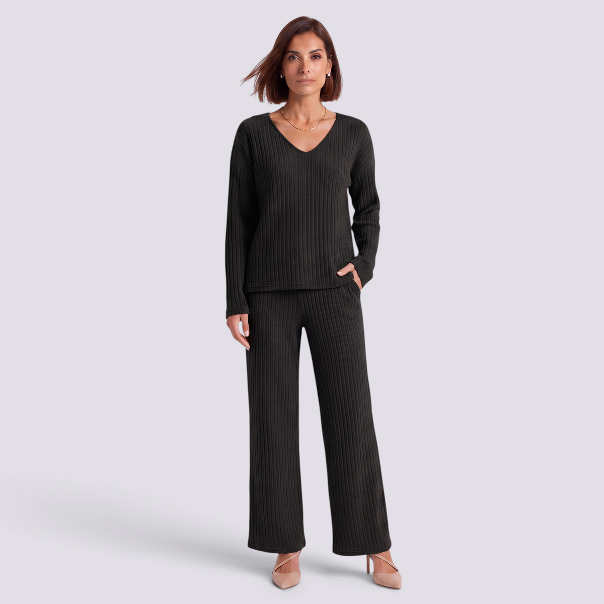Conjunto Punto Mujer Pantalón Ancho - Negro - Frontal