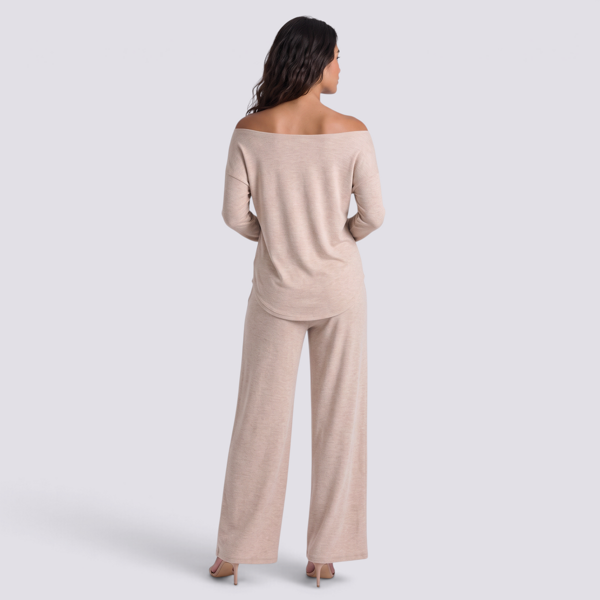 Conjunto Mujer Camiseta Hombros Descubiertos y Pantalón Ancho Albaricoque vista trasera