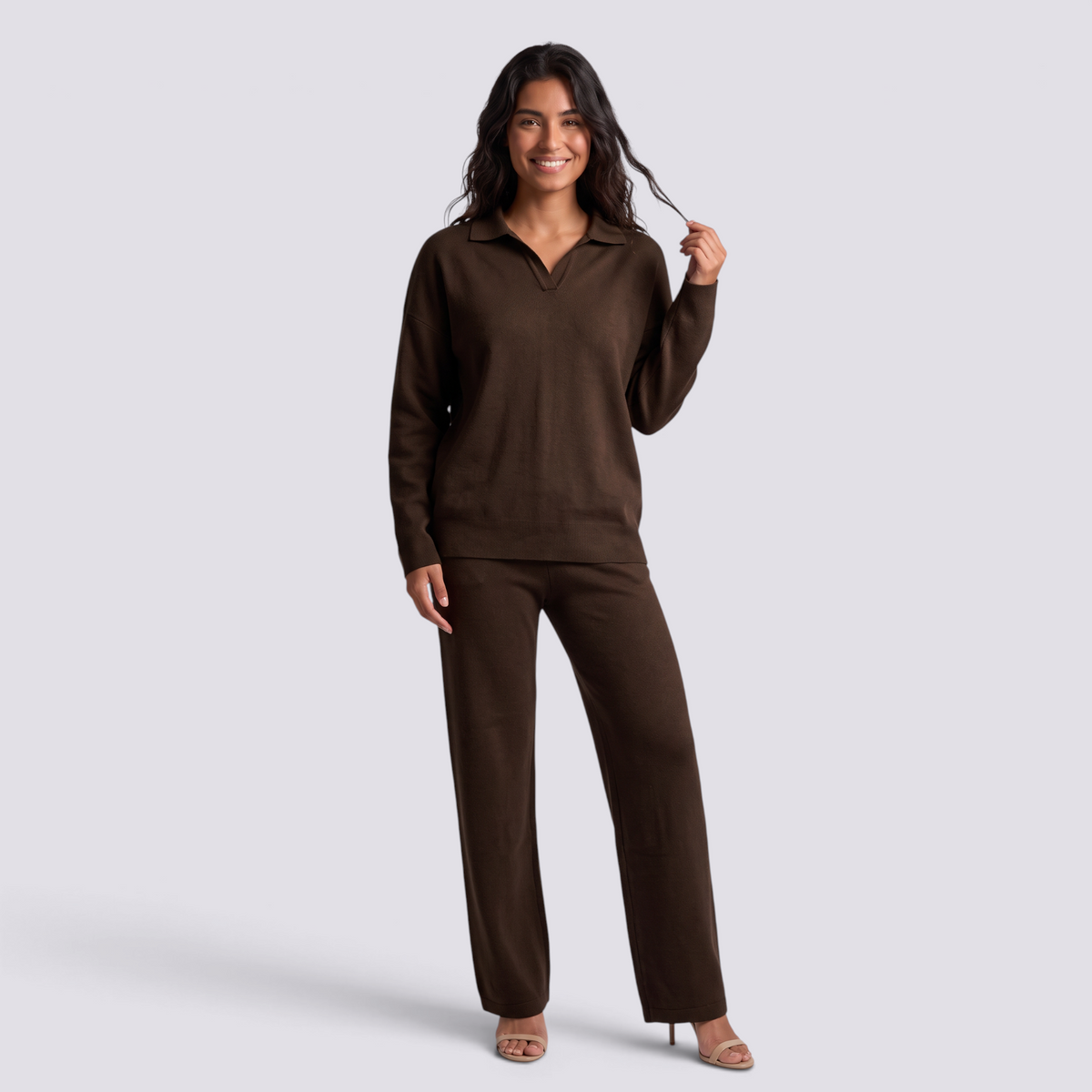 Conjunto Punto Mujer Pantalón Recto - Marrón frontal
