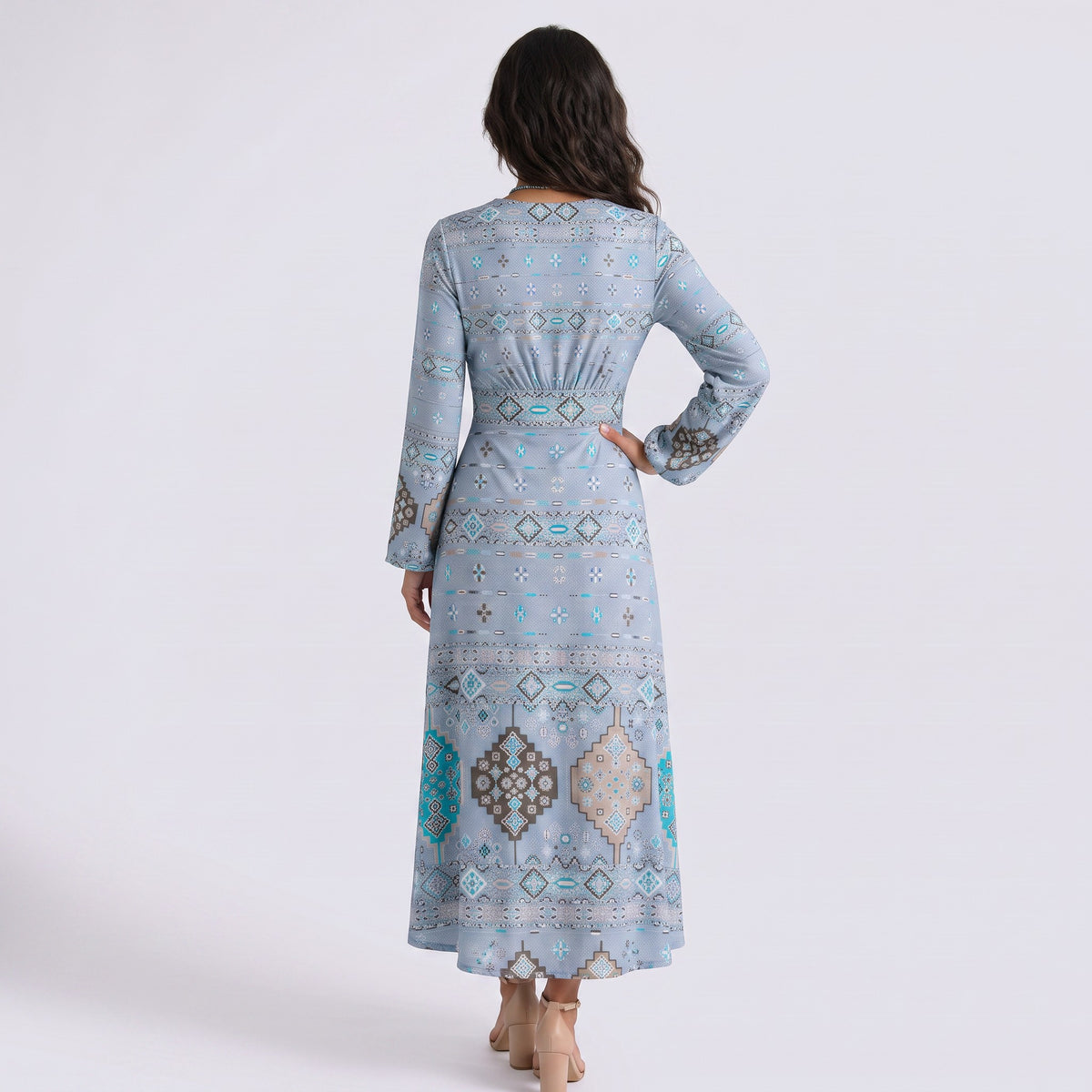 Vestido Largo Estampado Escote V Manga Larga - Azul - Vista Trasera
