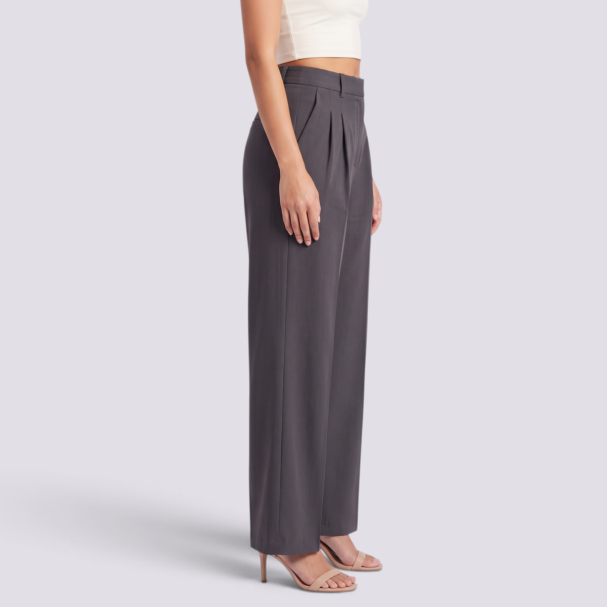 Pantalón gris oscuro mujer pierna ancha con pinzas, vista lateral
