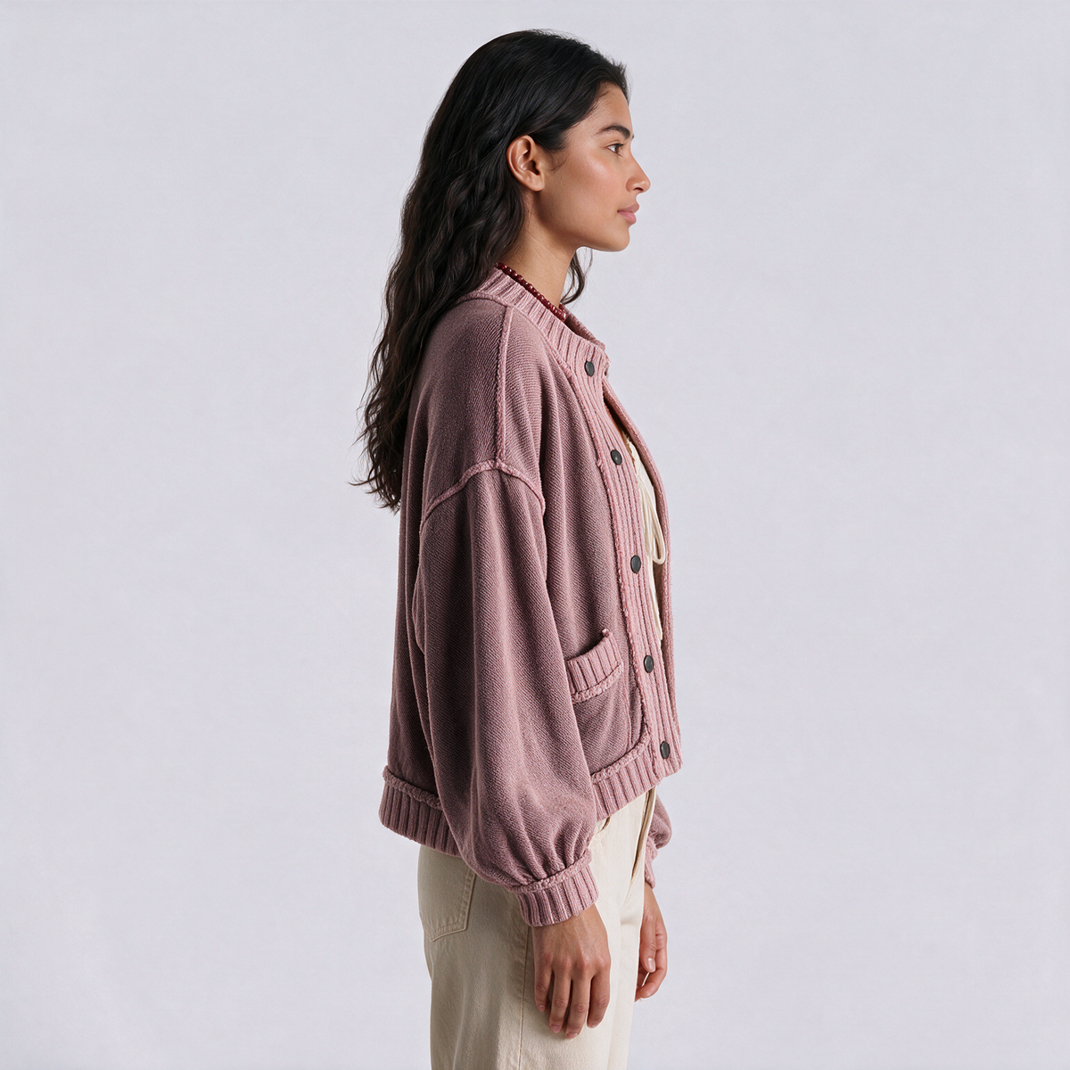 Cárdigan Punto Mujer Manga Larga - Rosa - Lateral