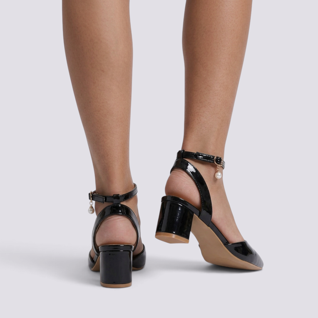 Sandalias Tacón Grueso Hebilla Mujer - Negro - Trasera