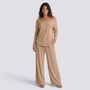 Conjunto Mujer Camiseta Hombros Descubiertos y Pantalón Ancho Caqui vista frontal