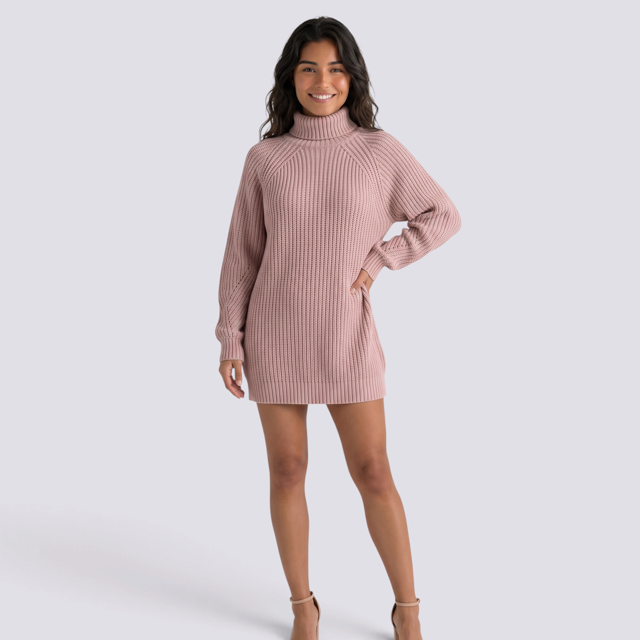 Vestido punto mujer cuello alto oversize en color rosa, vista frontal