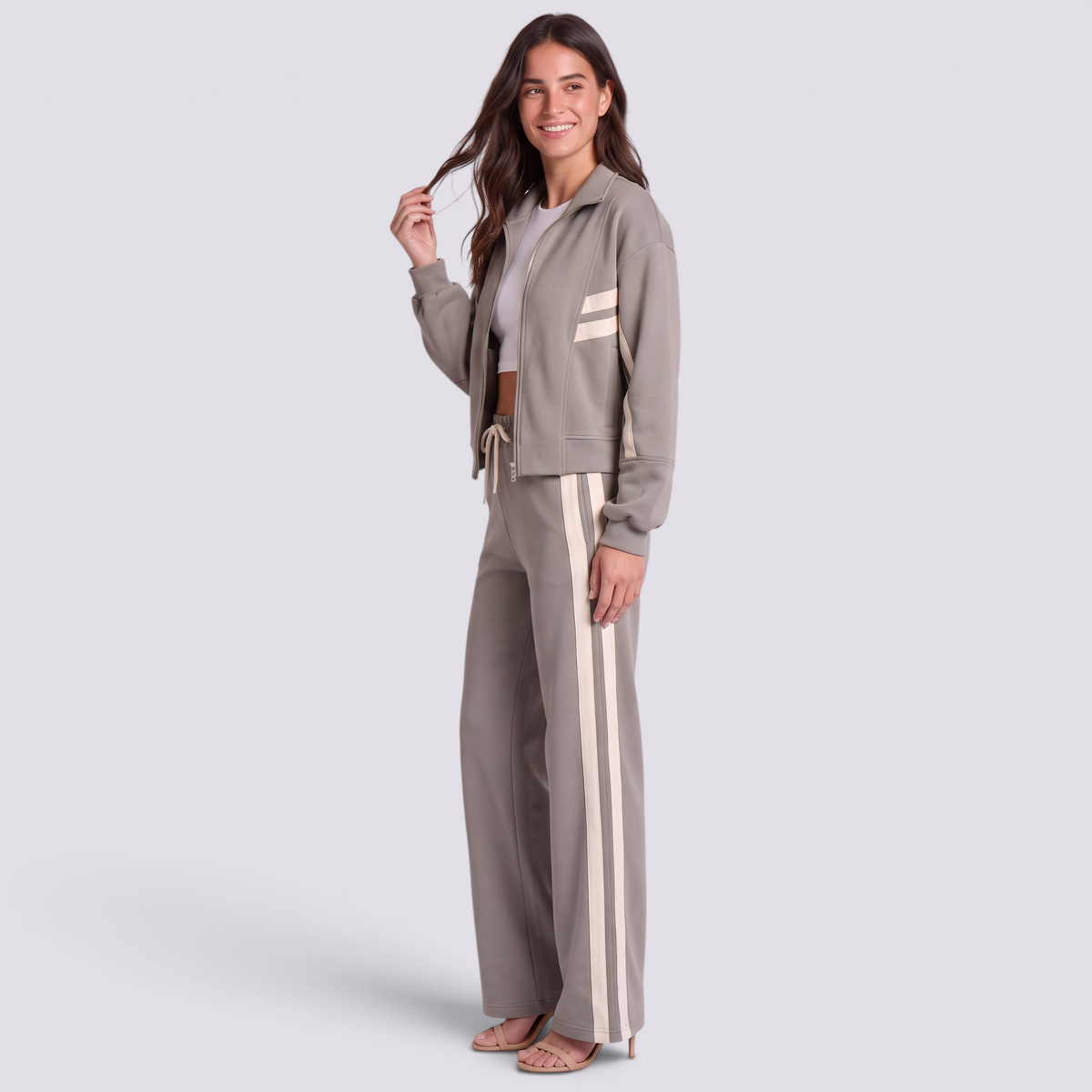 Chándal Mujer Dos Piezas con Cremallera y Rayas Gris vista lateral