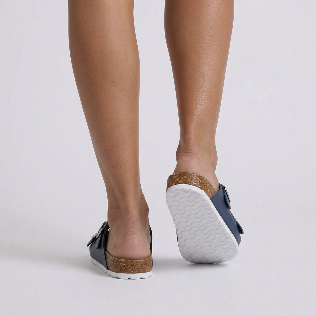 Sandalias planas mujer hebilla doble corcho azul marino vista trasera