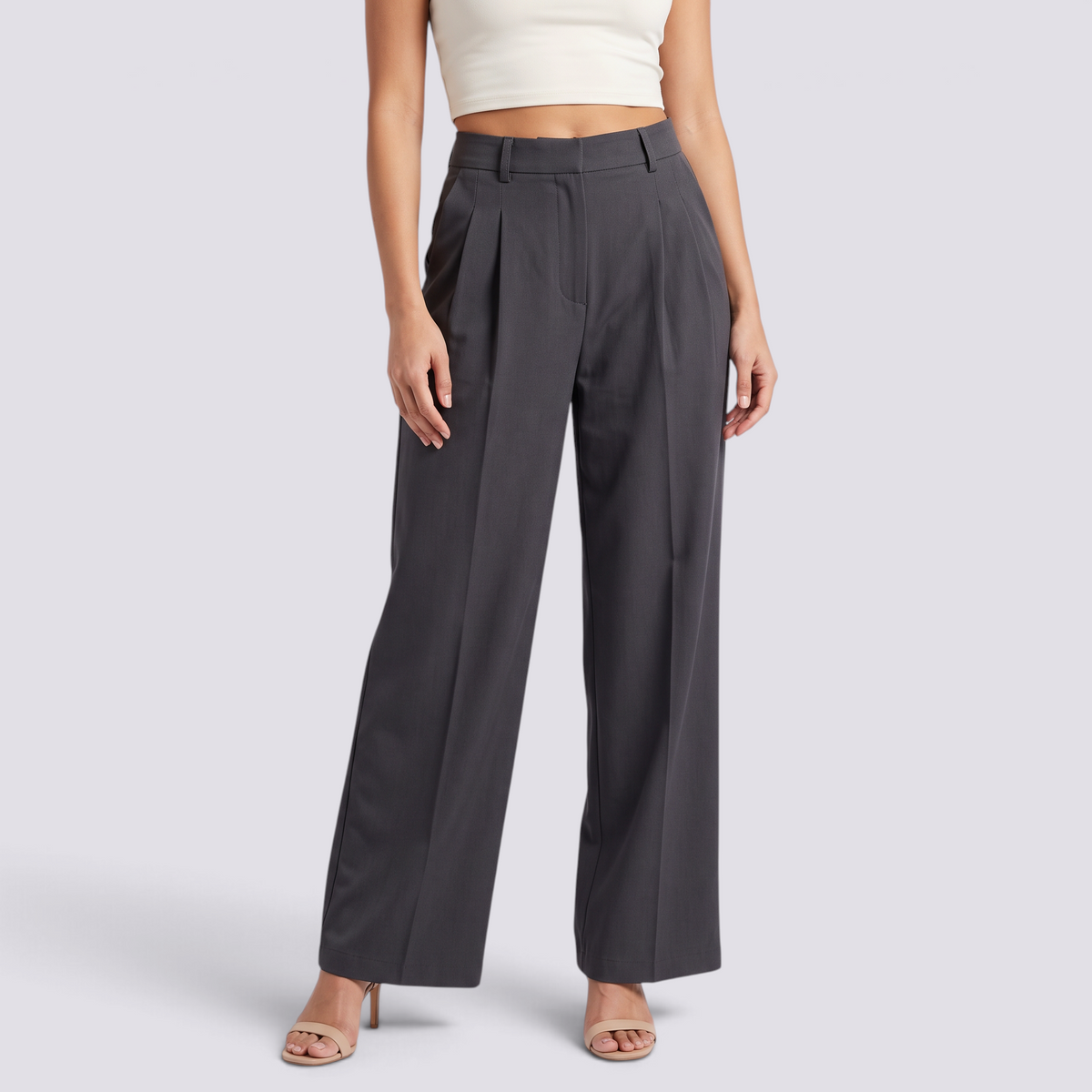 Pantalón gris oscuro mujer pierna ancha con pinzas, vista frontal