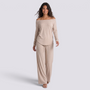 Conjunto Mujer Camiseta Hombros Descubiertos y Pantalón Ancho Albaricoque vista frontal